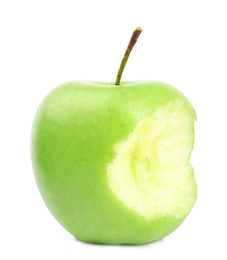 Photo of Fresh ripe green apple with bite mark on white background