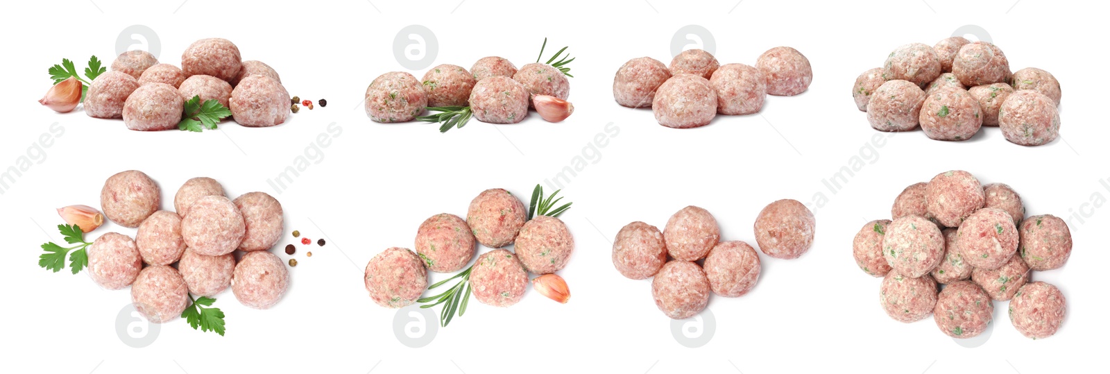 Image of Set with fresh raw meatballs on white background. Banner design