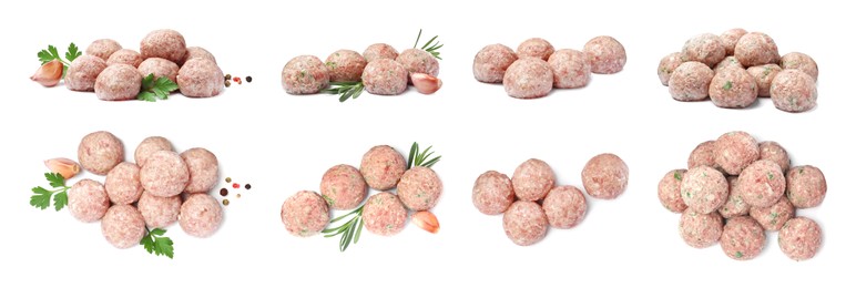 Set with fresh raw meatballs on white background. Banner design
