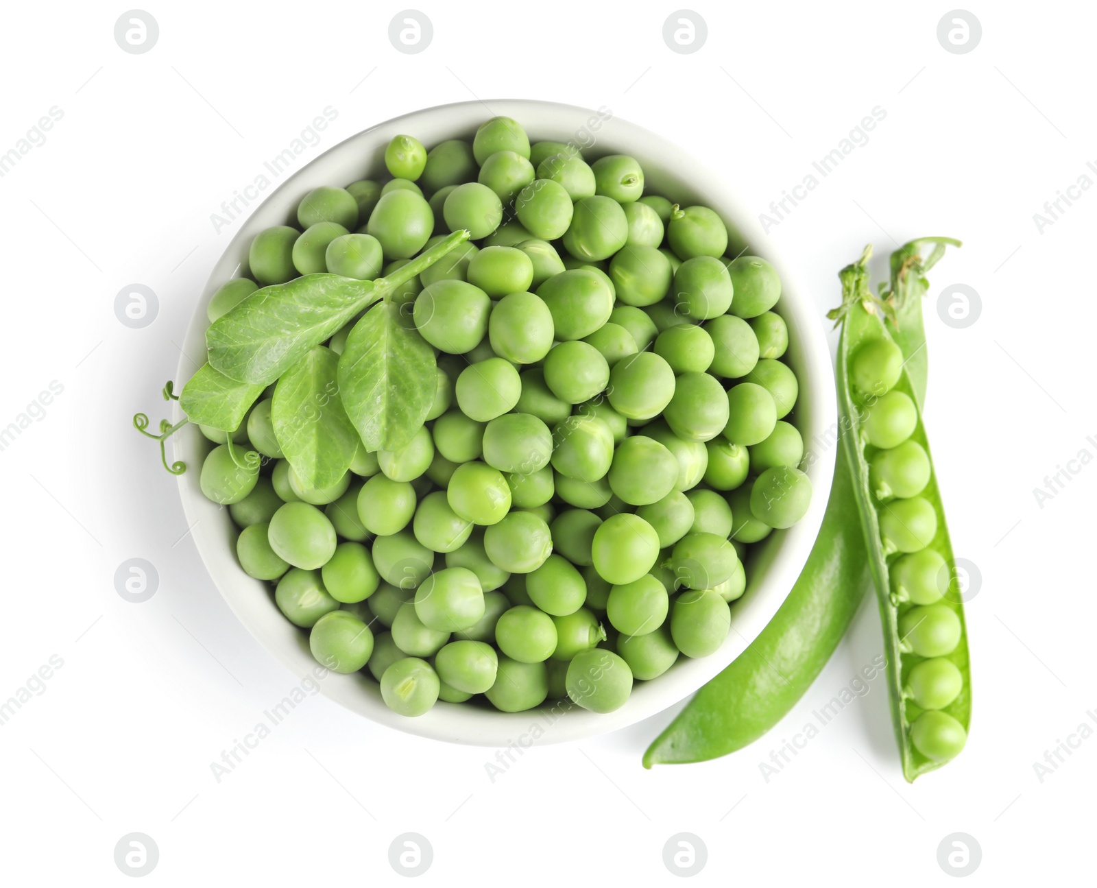 Photo of Bowl with delicious fresh green peas on white background