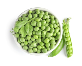 Photo of Bowl with delicious fresh green peas on white background