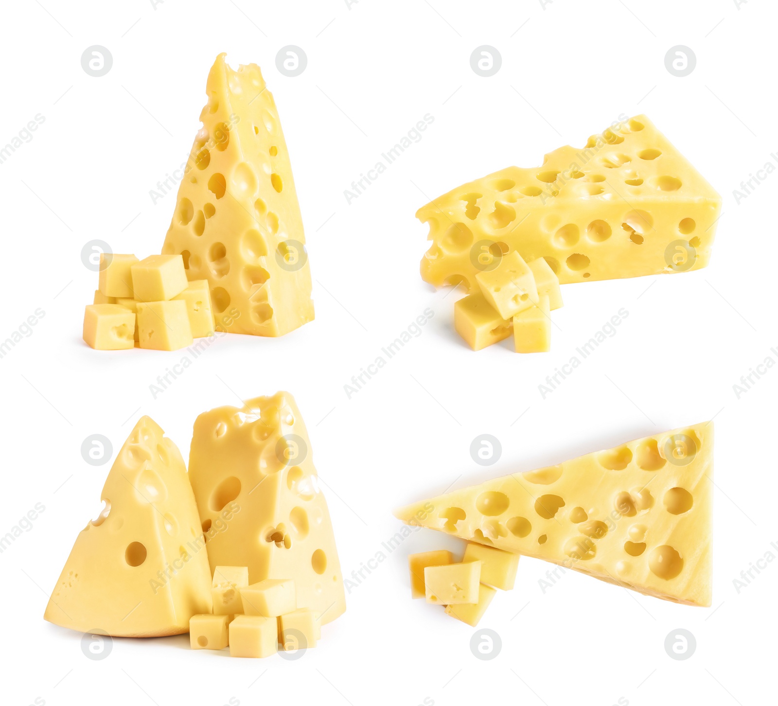 Image of Set with pieces of delicious cheese on white background 