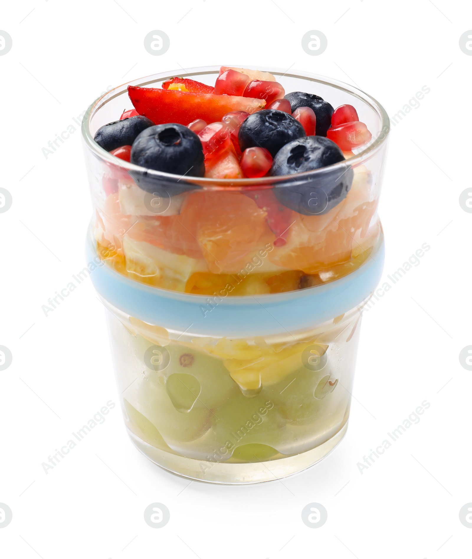 Photo of Delicious fruit salad in glass isolated on white