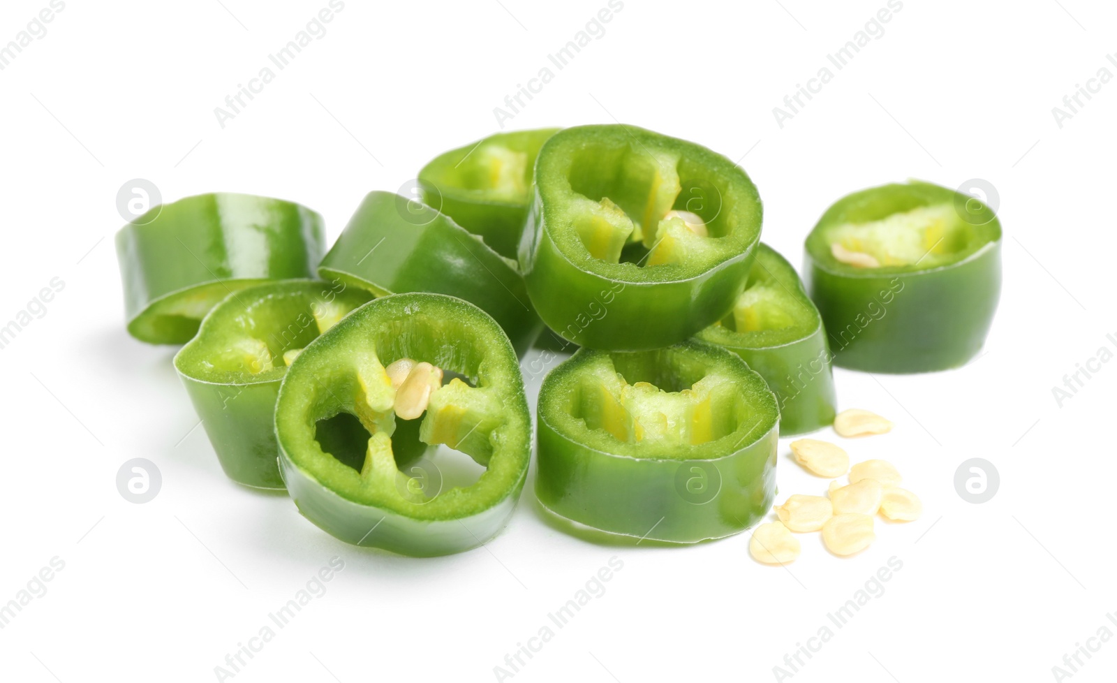 Photo of Cut green hot chili pepper on white background