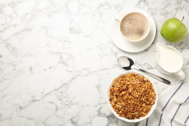 Photo of Tasty healthy breakfast on marble table, flat lay. Space for text