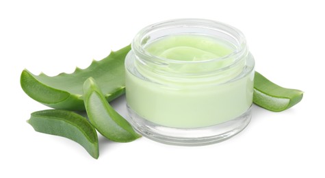 Jar of natural cream and cut aloe leaves isolated on white