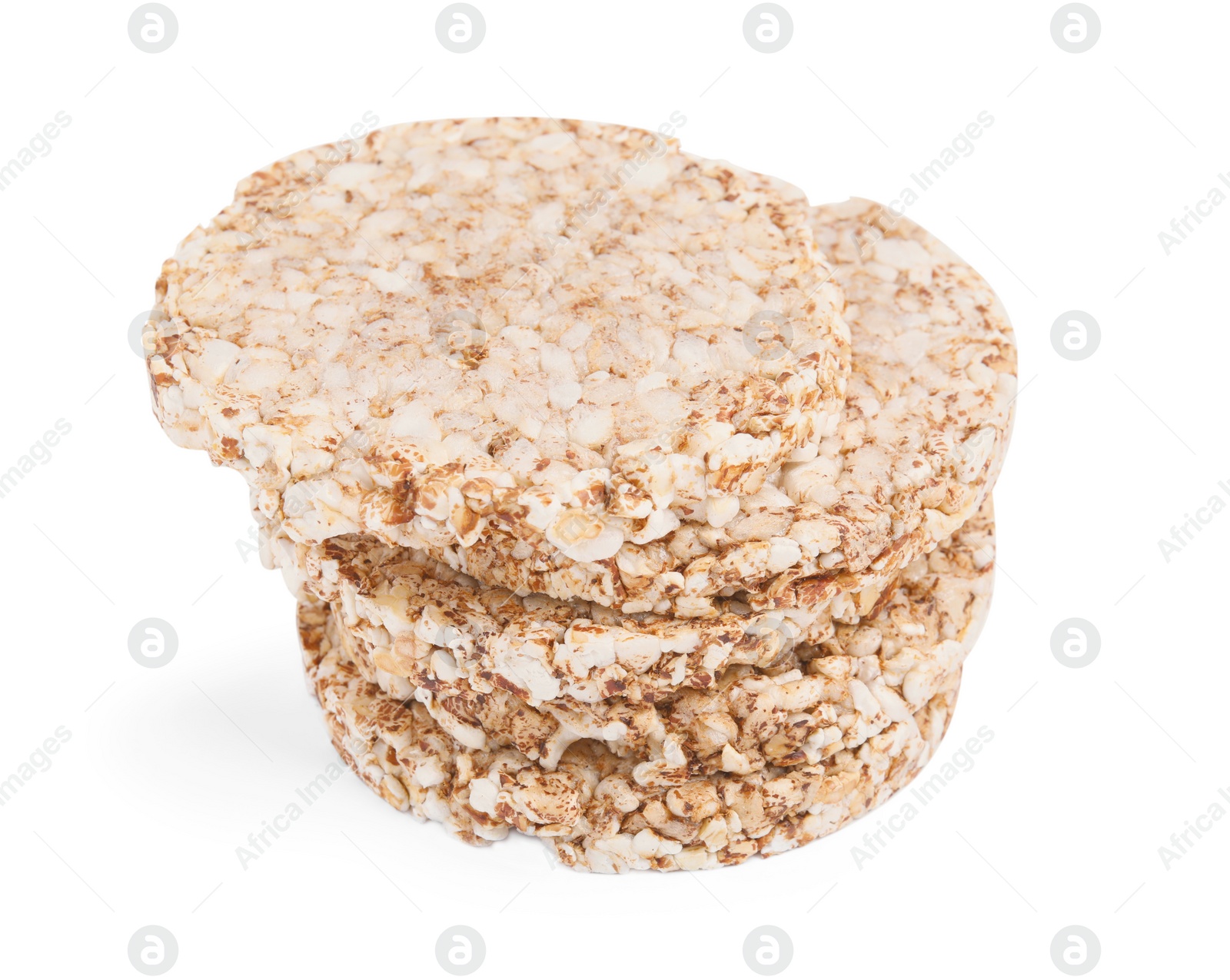 Photo of Stack of crunchy buckwheat cakes on white background