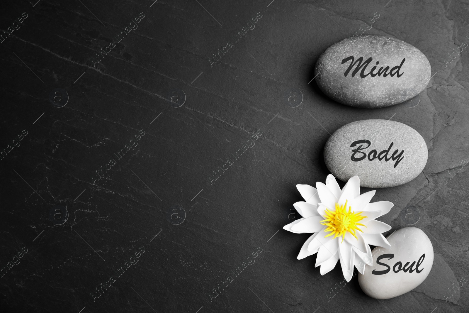 Photo of Lotus flower, stones with words Mind, Body, Soul and space for text on black background, flat lay. Zen lifestyle