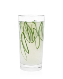 Photo of Tasty aloe juice and cut fresh leaves in glass isolated on white