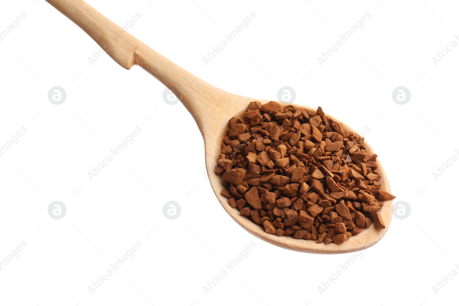 Photo of Wooden spoon with aromatic instant coffee isolated on white