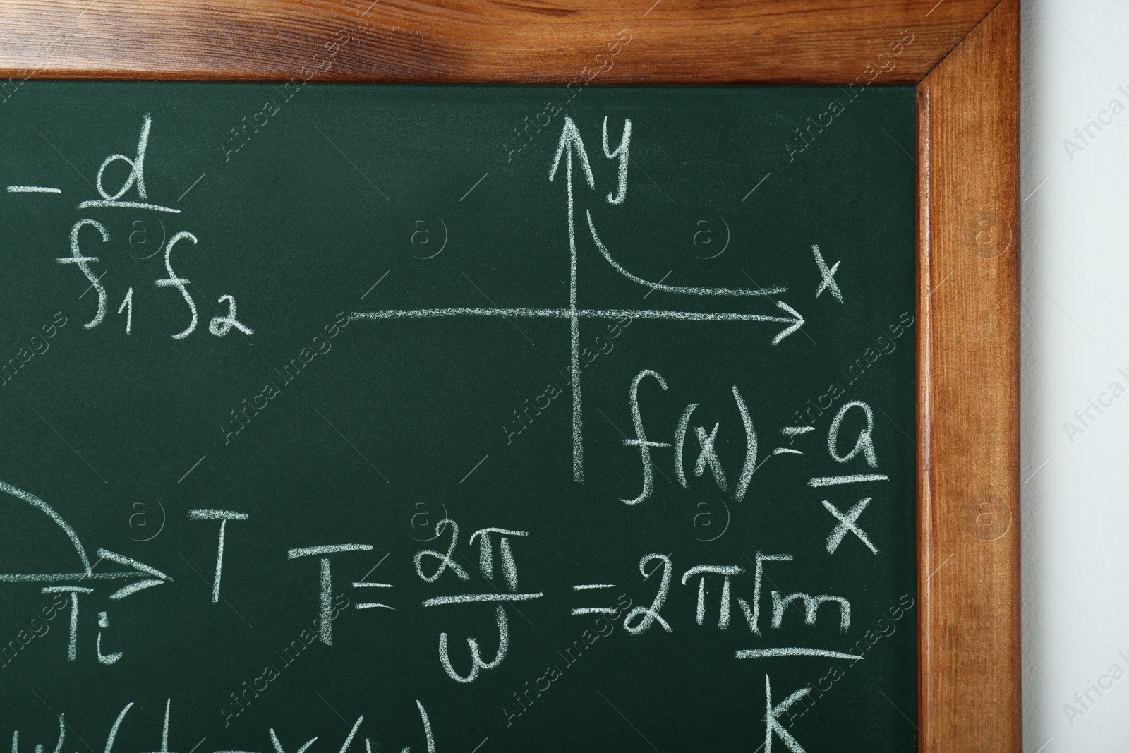 Photo of Chalkboard with many different math formulas on white wall, closeup