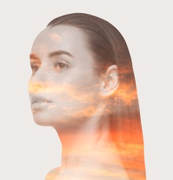 Beautiful woman and sunset sky on white background, double exposure