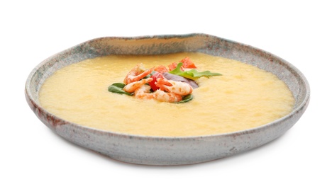 Photo of Plate with fresh tasty shrimp and grits on white background