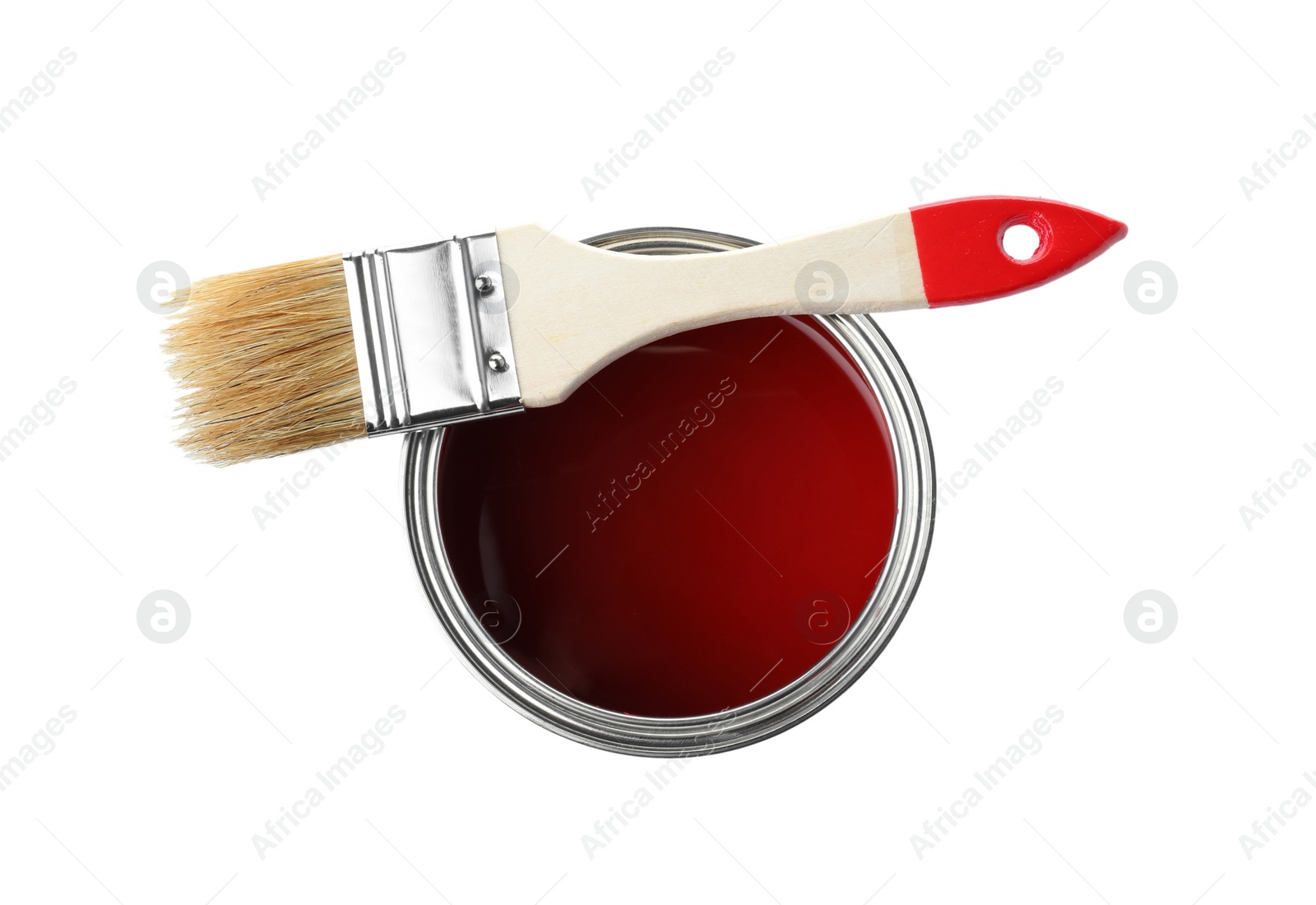 Photo of Paint can and brush on white background, top view