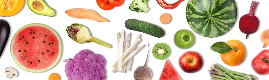 Collage with many vegetables and fruits on white background, top view