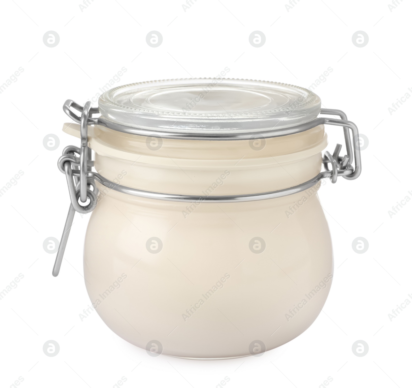 Photo of Mayonnaise in glass jar isolated on white