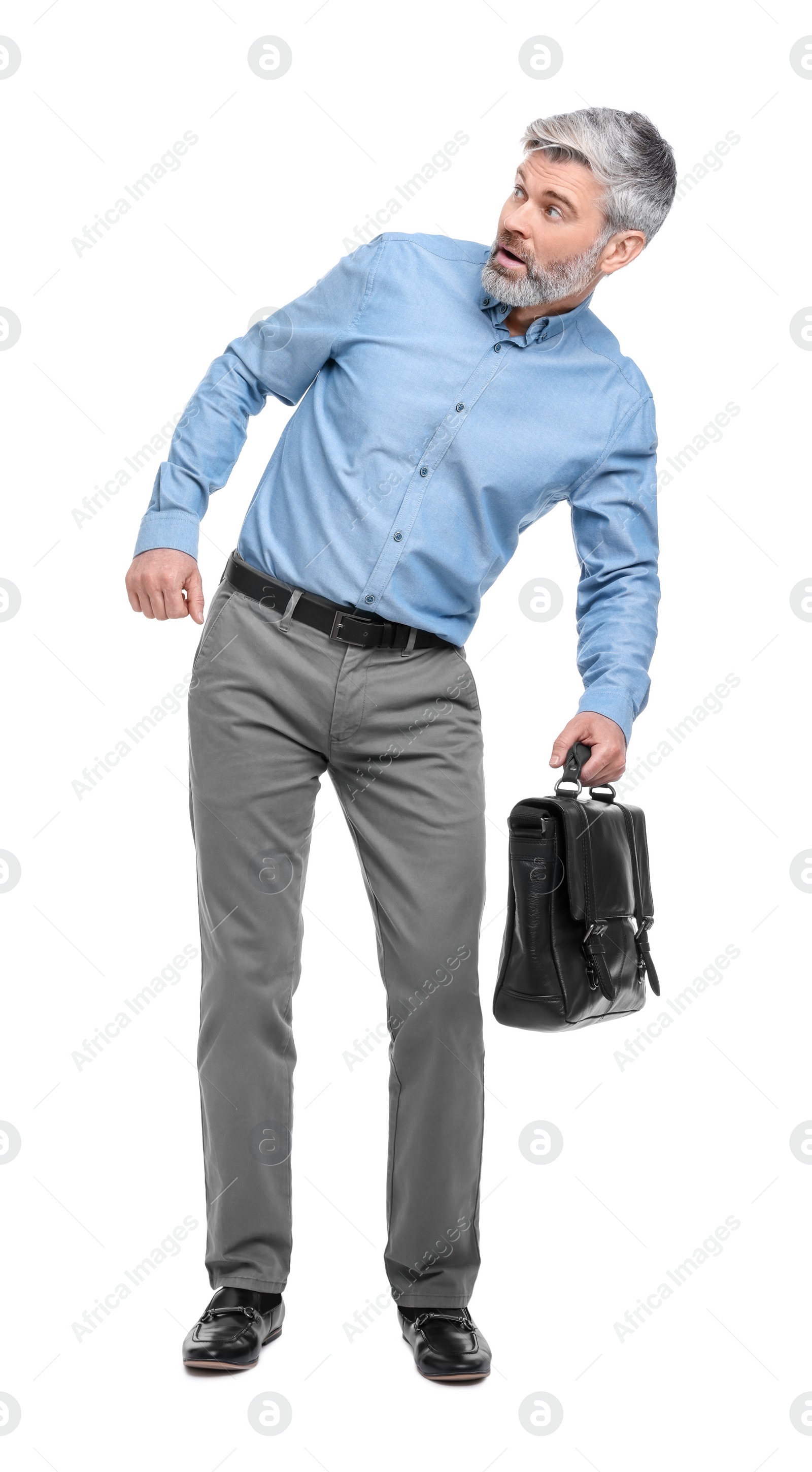 Photo of Mature businessman in stylish clothes with briefcase on white background