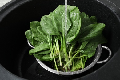 Photo of Washing fresh green healthy spinach in black sink