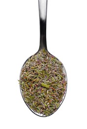 Photo of Spoon of dried thyme isolated on white, top view