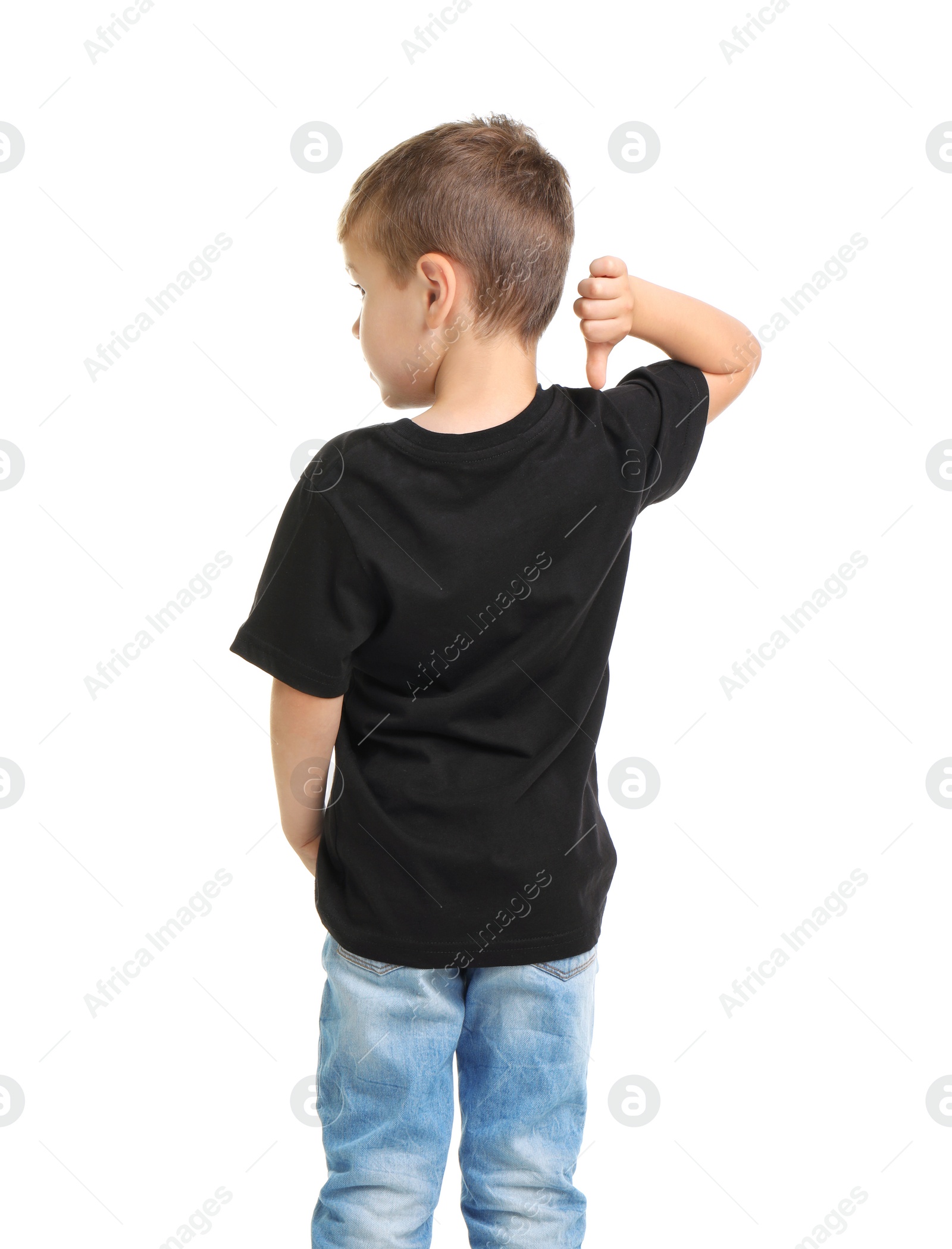 Photo of Little boy in t-shirt on white background. Mockup for design