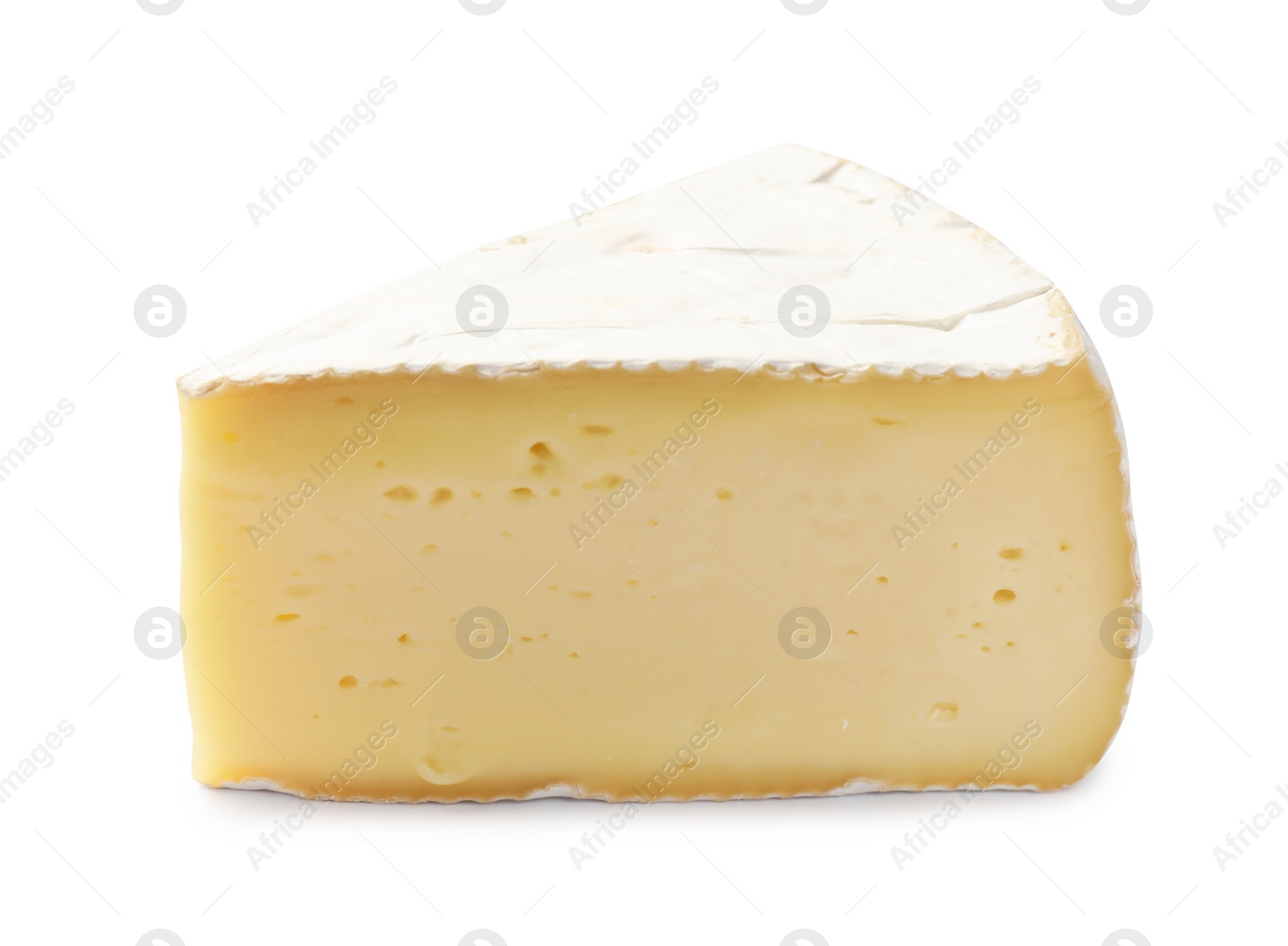 Photo of Piece of tasty camembert cheese isolated on white