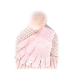 Photo of Woolen gloves and hat on white background, top view