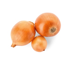 Photo of Fresh ripe onions on white background