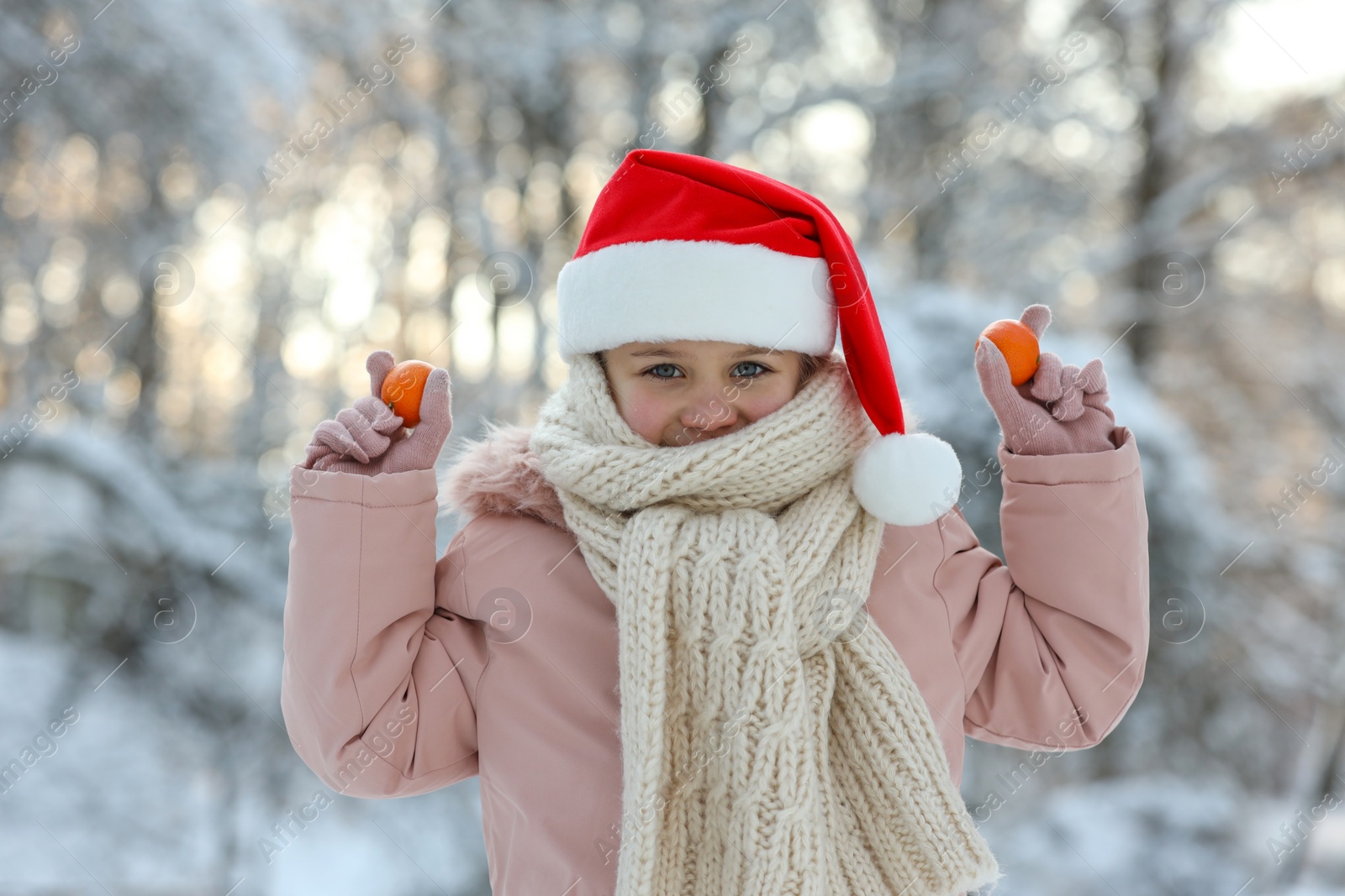 Photo of Cute little girl with tangerines wearing Santa hat in snowy park on winter day
