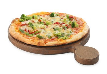 Photo of Board with delicious vegetarian pizza isolated on white