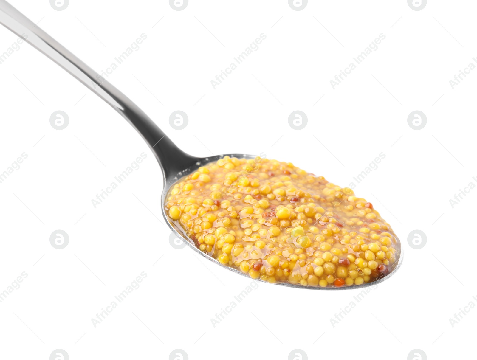 Photo of Spoon with delicious whole grain mustard isolated on white