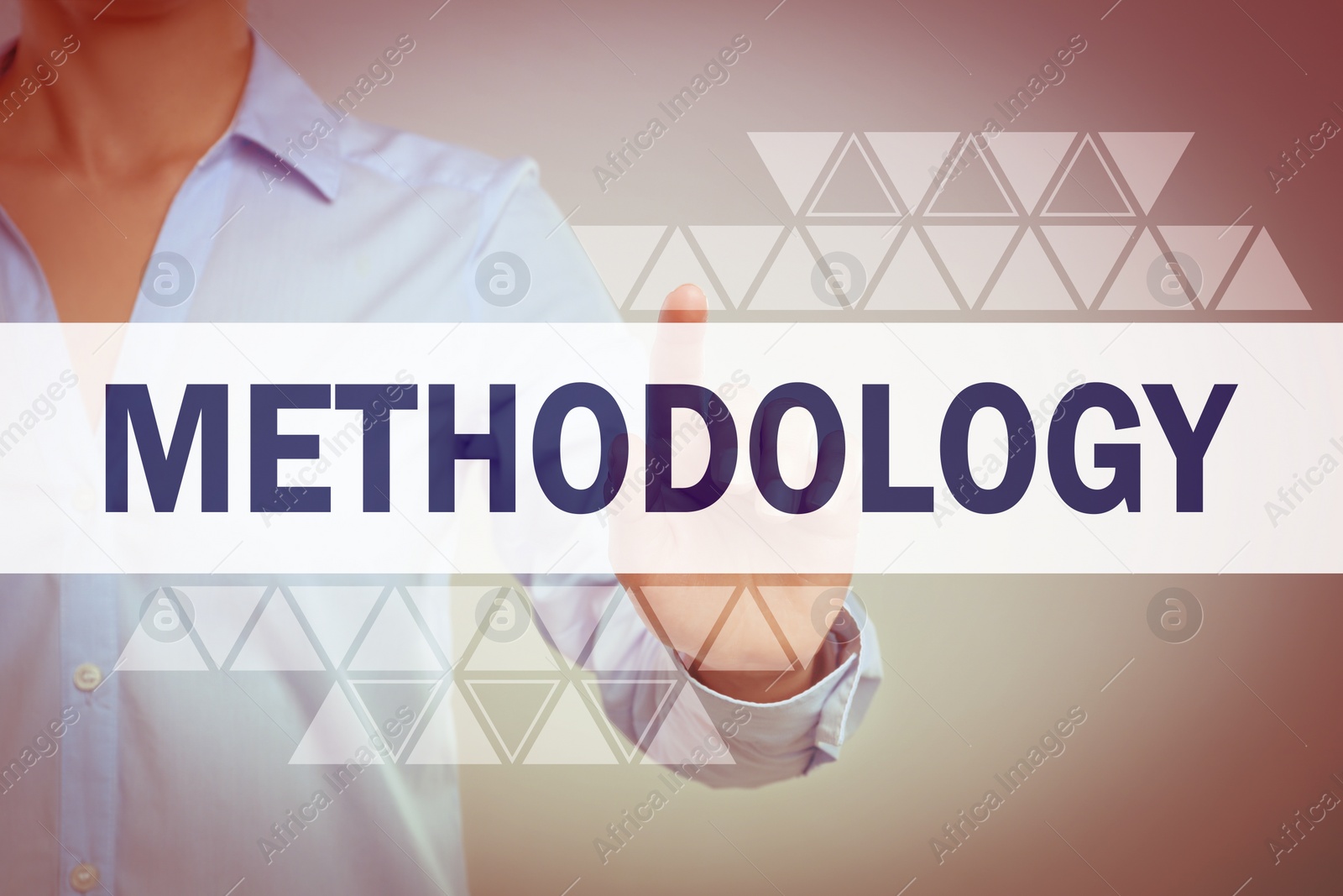 Image of Woman pointing at word Methodology on virtual screen, closeup