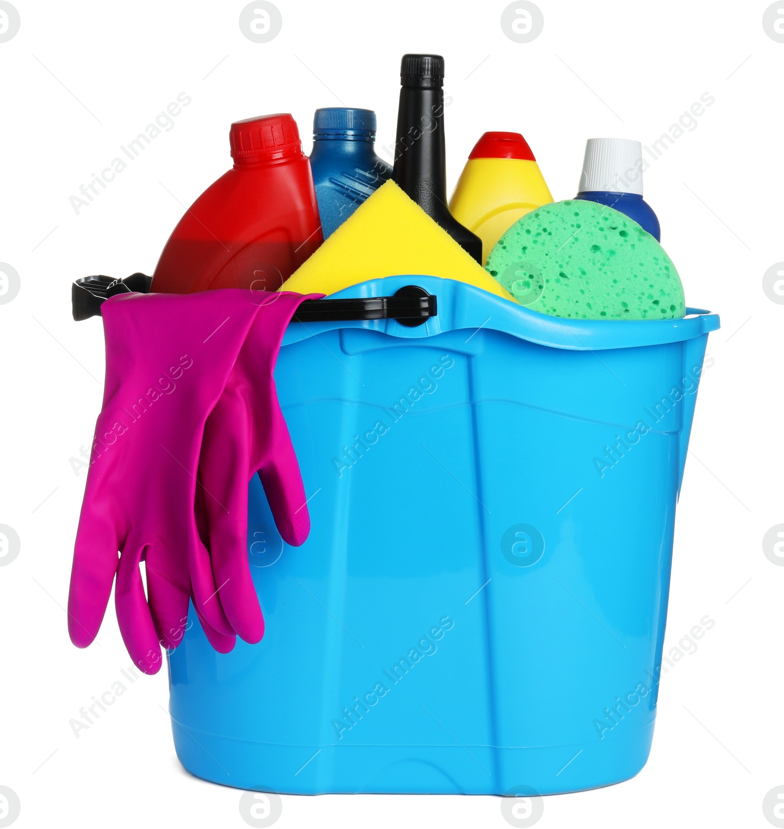 Photo of Light blue bucket and many different car wash products on white background