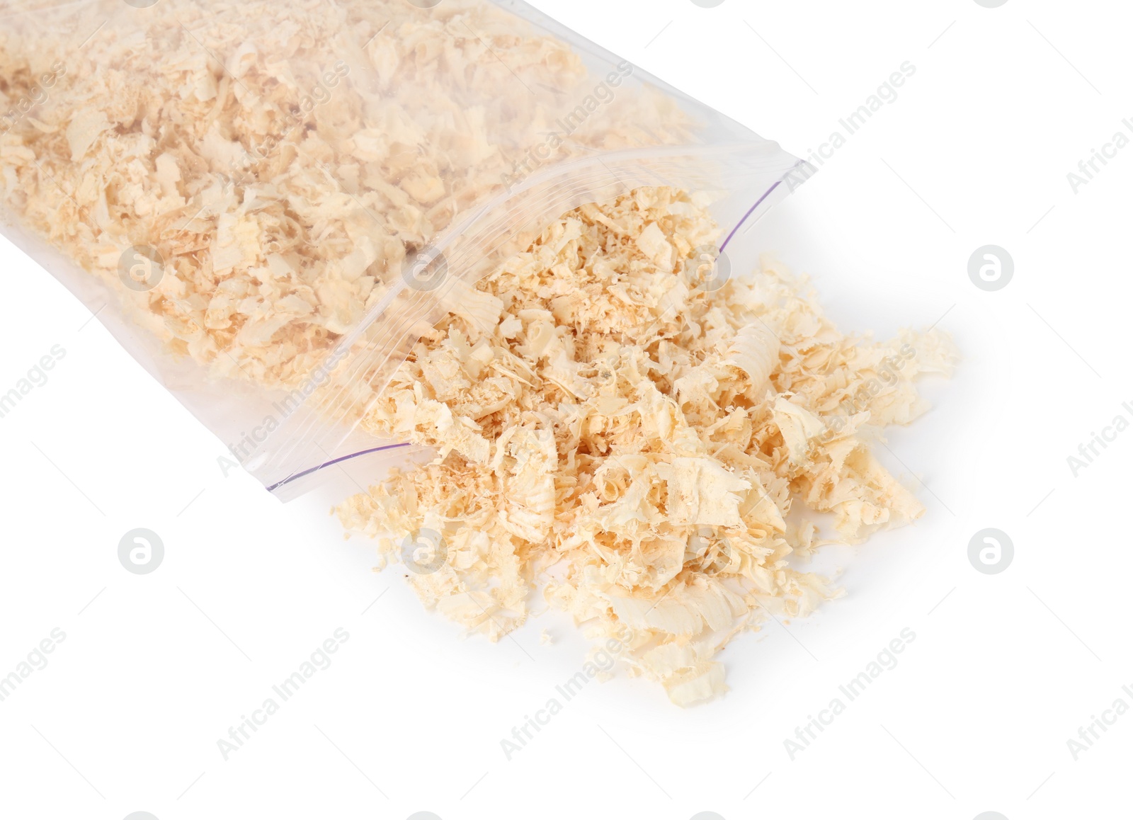 Photo of Natural sawdust with zip bag isolated on white