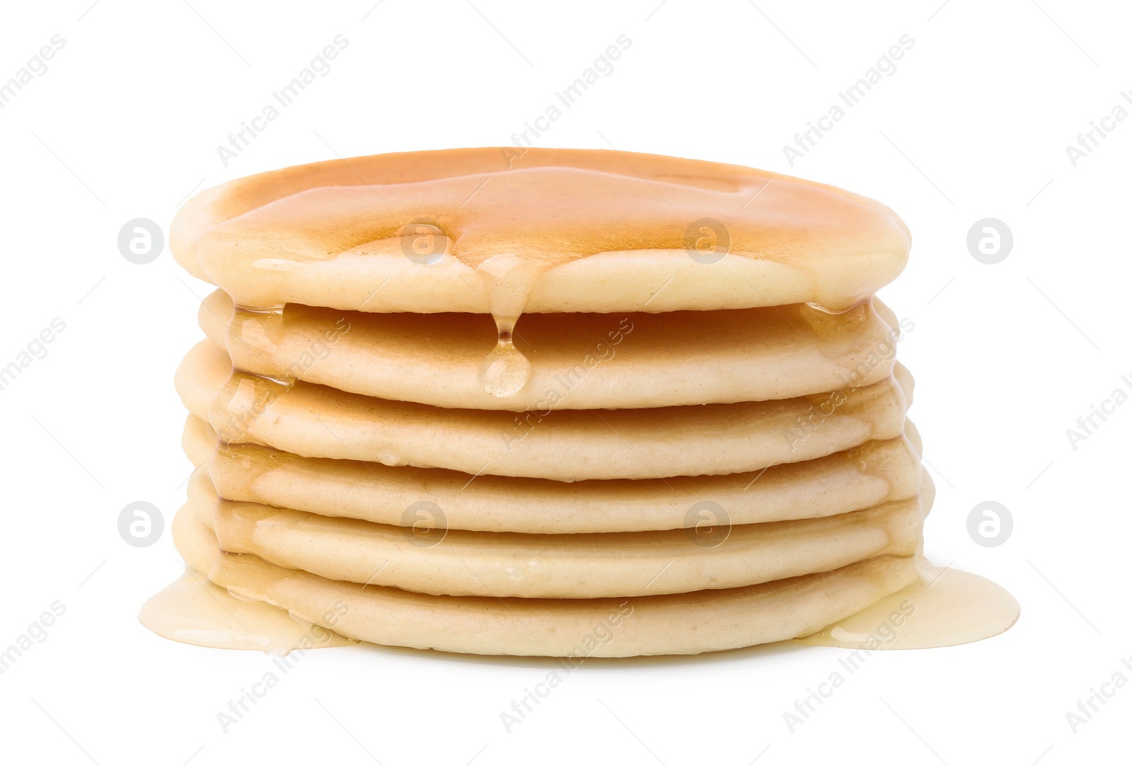 Photo of Delicious pancakes with honey isolated on white