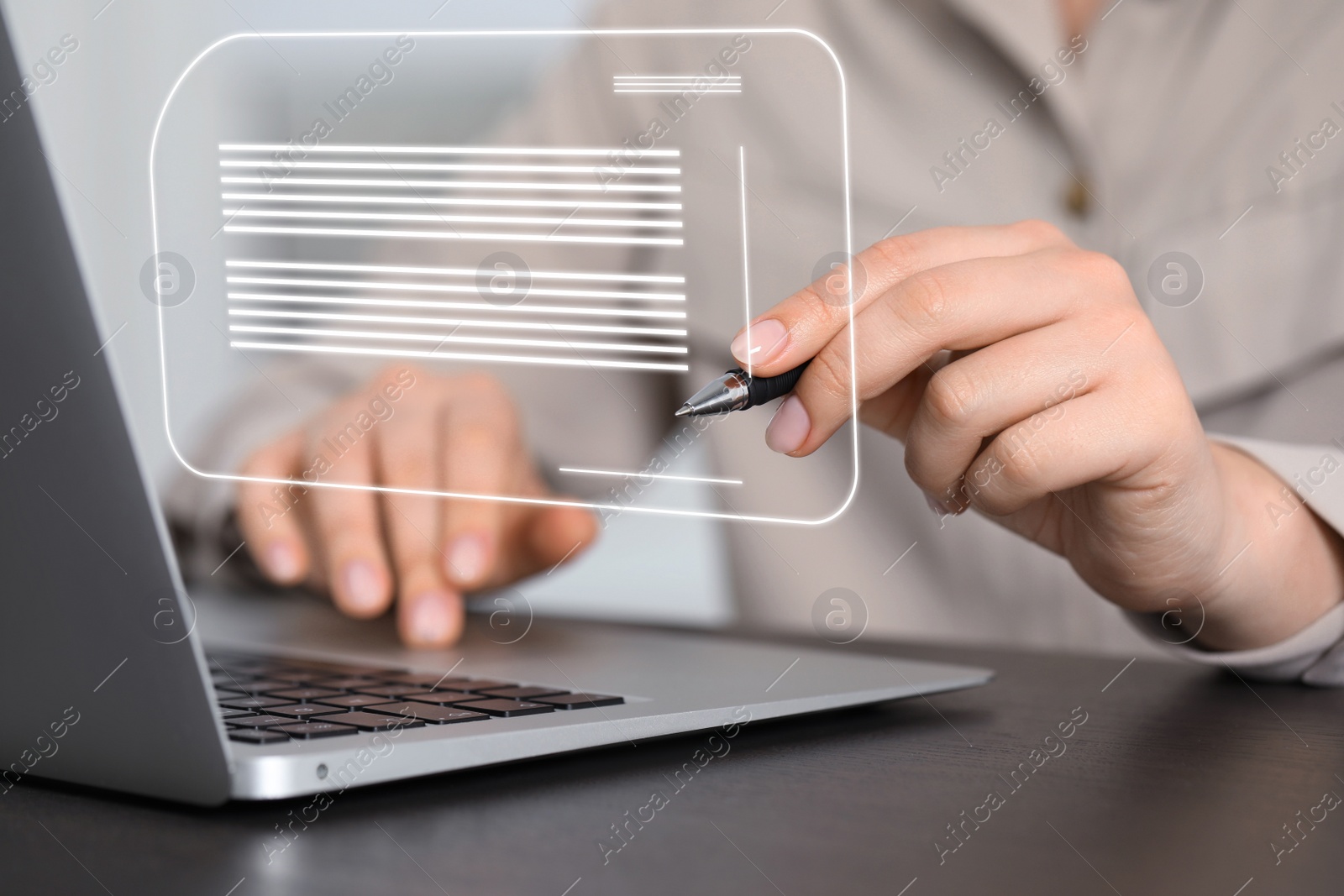 Image of Concept of electronic signature. Woman working on laptop at table indoors, closeup