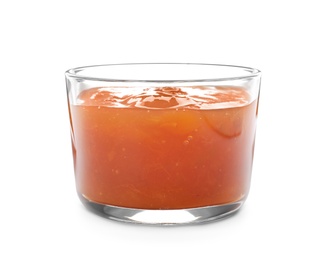 Photo of Glass with delicious apricot jam on white background