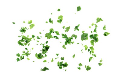Photo of Chopped parsley leaves isolated on white, top view
