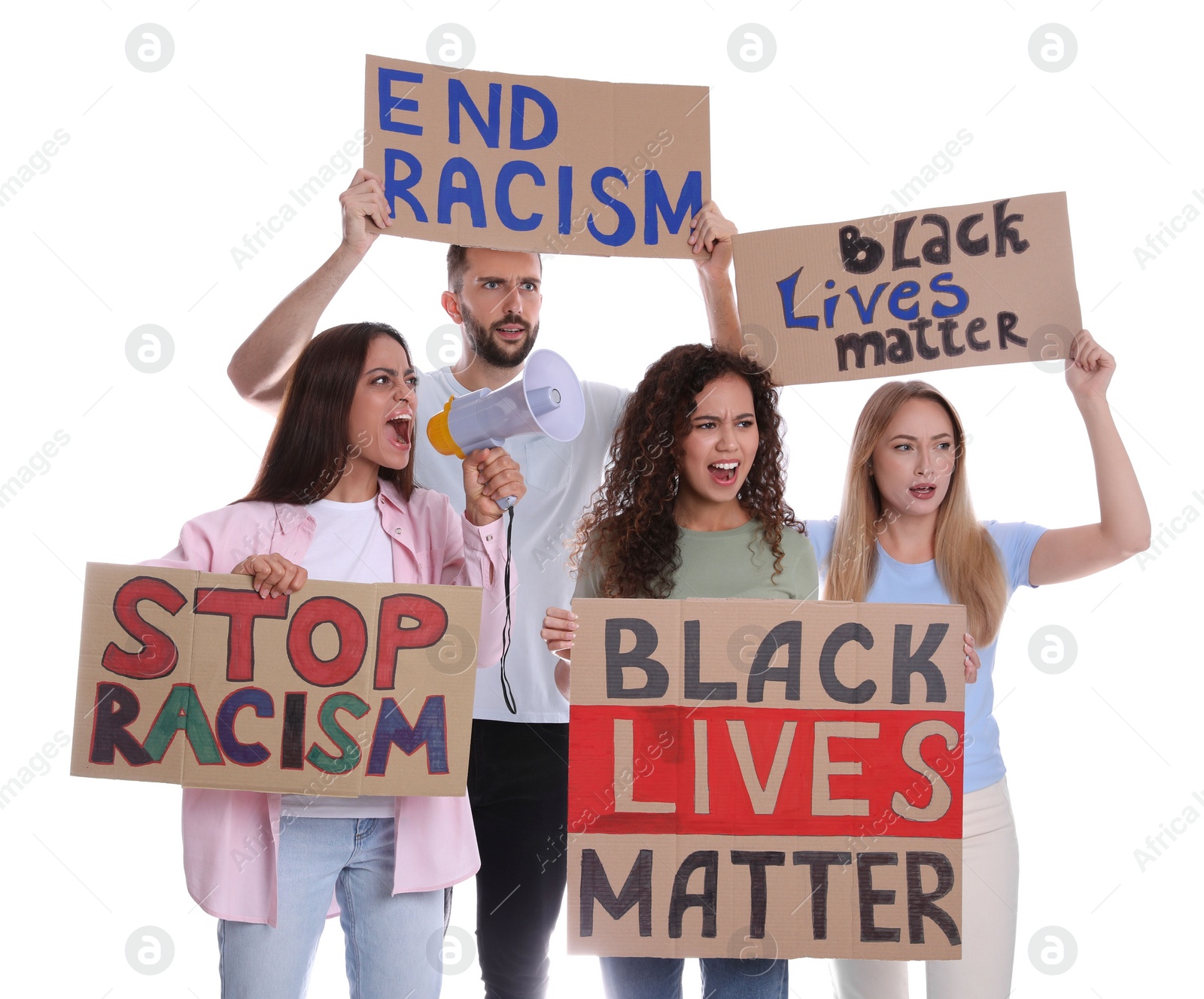 Photo of Protesters demonstrating different anti racism slogans on white background. People holding signs with phrases