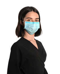 Photo of Woman with disposable mask on face against white background
