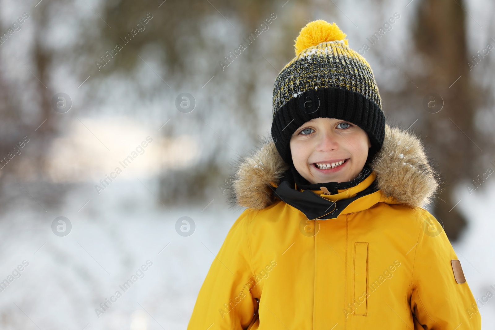 Photo of Cute little boy in snowy park on winter day, space for text