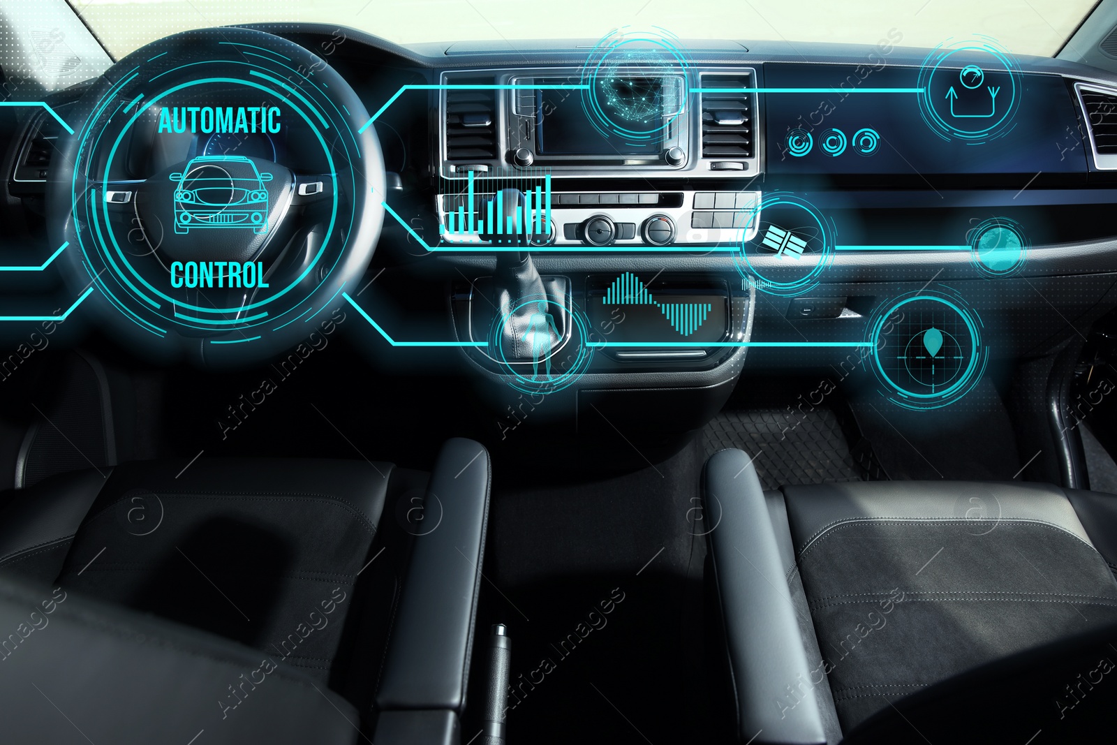 Image of Futuristic technology. Car interior with graphical user interface