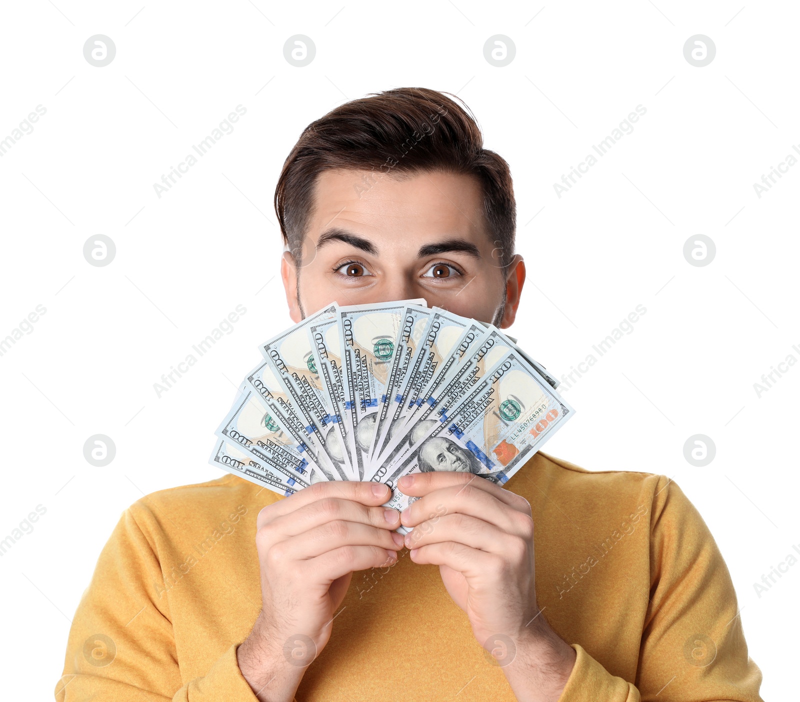 Photo of Young man with money on white background