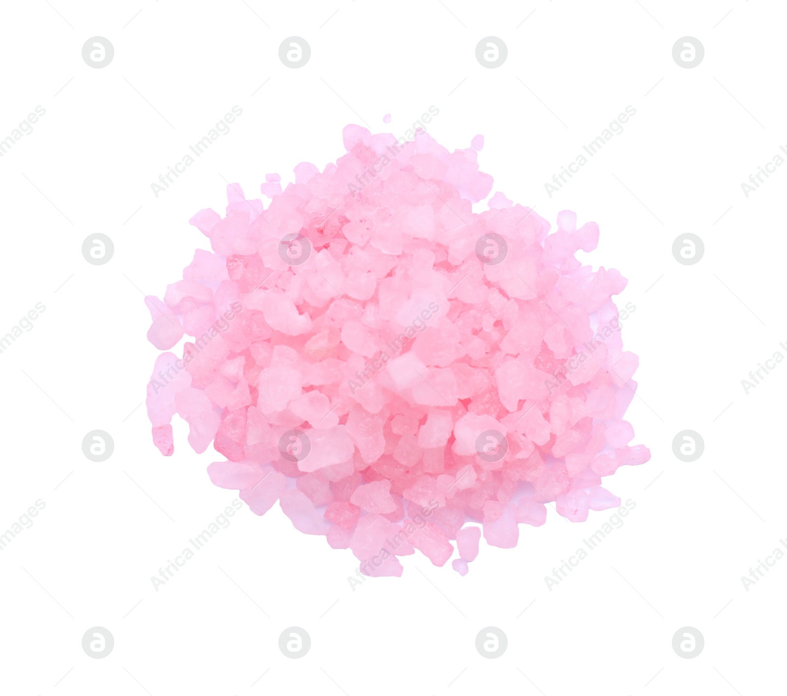 Photo of Heap of pink sea salt isolated on white, top view