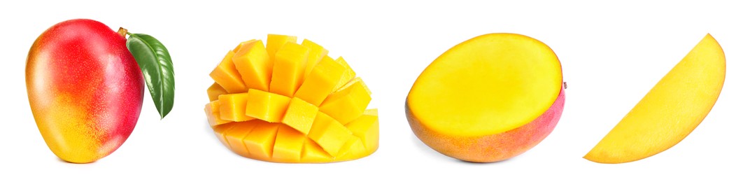 Image of Mango fruits cut in different ways and one whole isolated on white