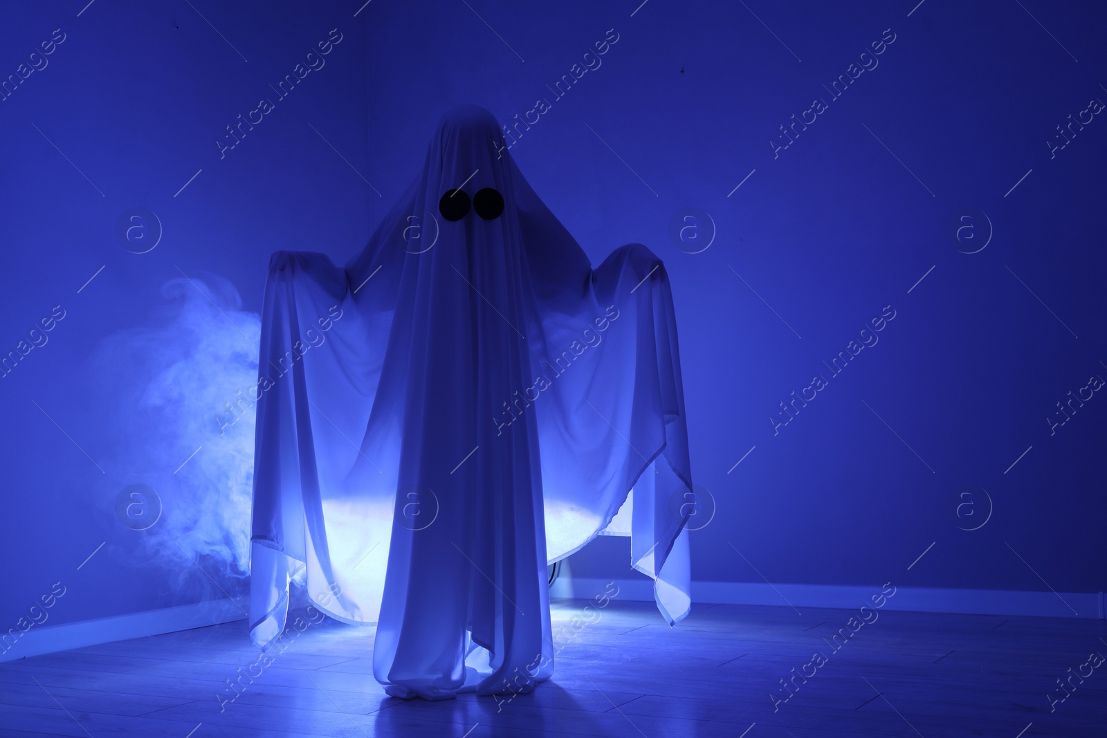 Photo of Creepy ghost. Woman covered with sheet in blue light, space for text