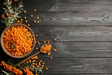 Photo of Ripe sea buckthorn berries on black wooden table, flat lay. Space for text