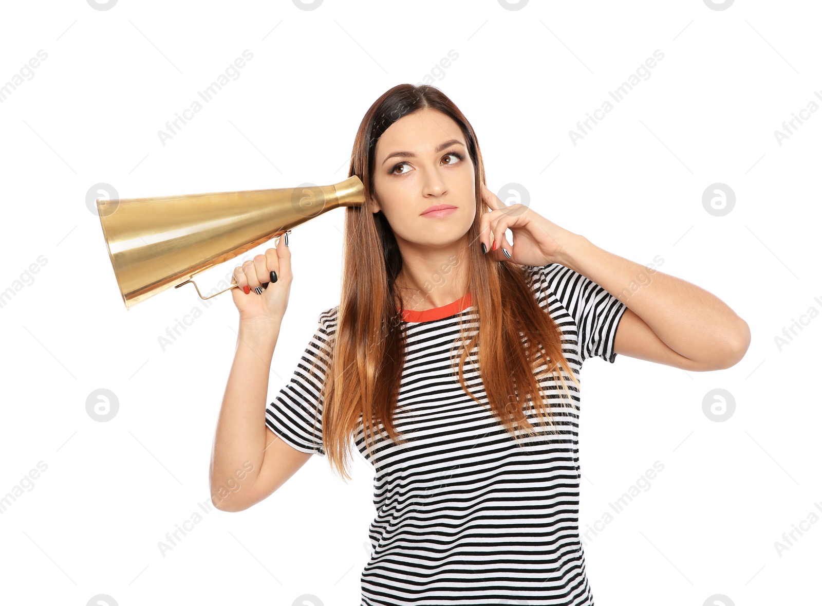 Photo of Young woman with megaphone on white background