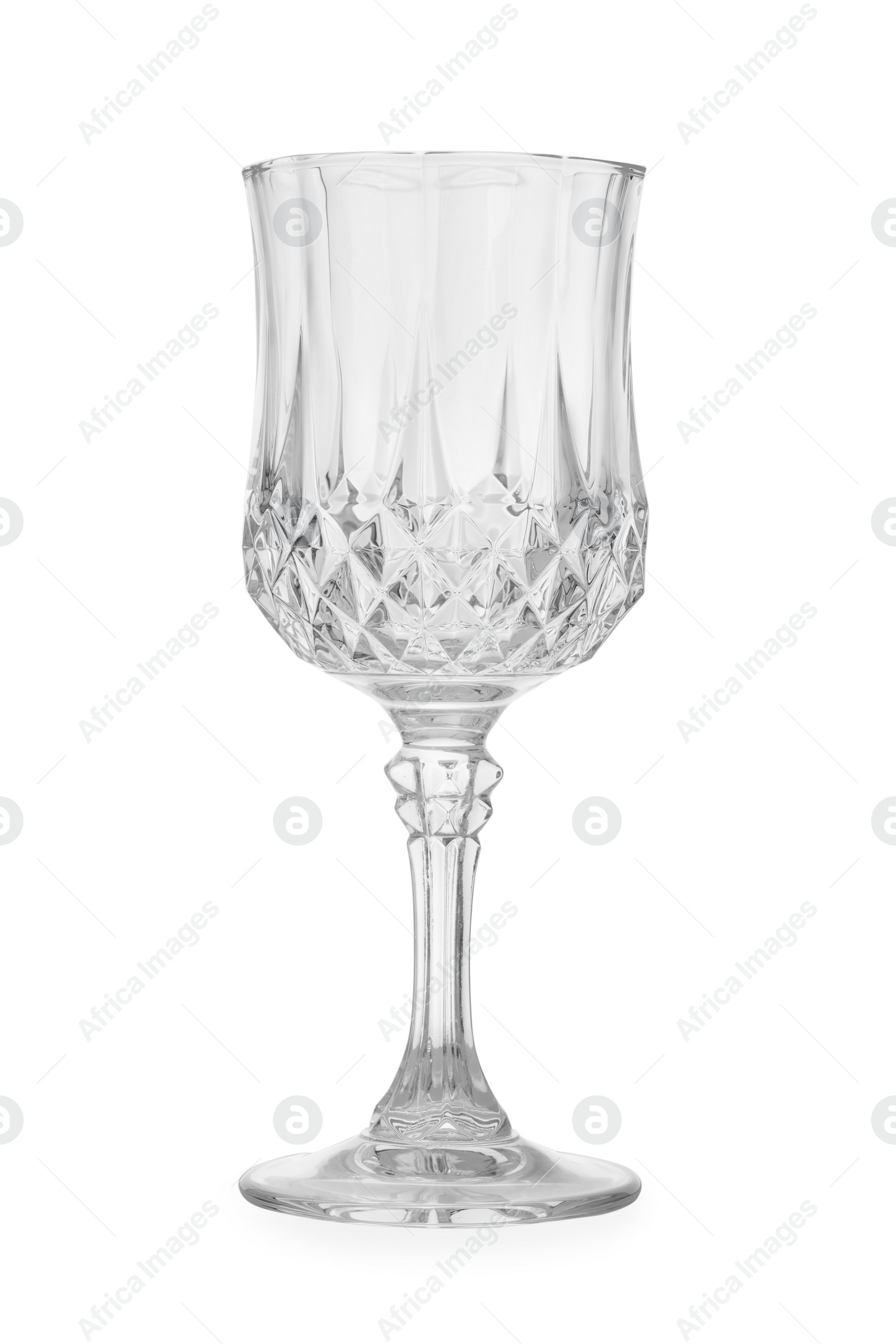 Photo of One stylish clean wine glass isolated on white