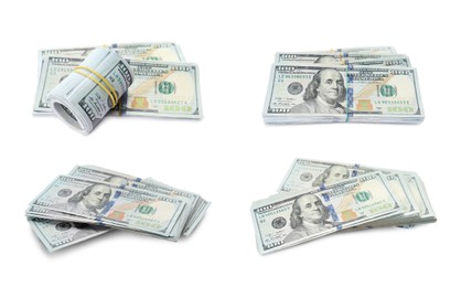 Image of Many dollar banknotes on white background, collage. American national currency