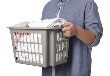 Man with basket full of laundry on white background, closeup